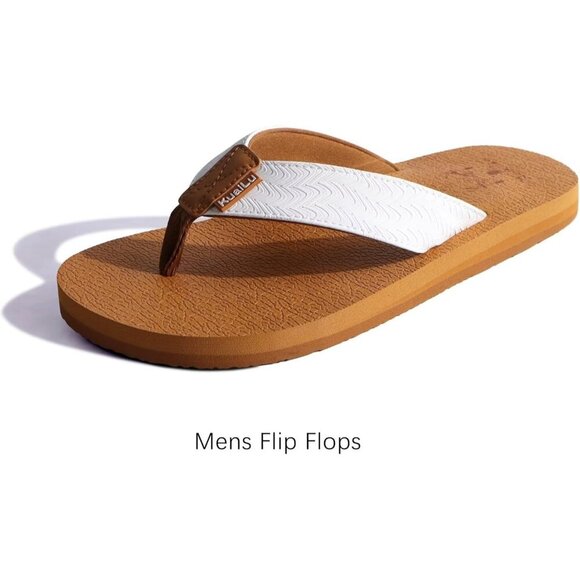 〽️Men\'s Flip Flop Sandal Khaki White Leather Slip On Arch Support Comfort Shoes